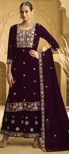 Red and Maroon color Salwar Kameez in Velvet fabric with Embroidered, Sequence, Thread work