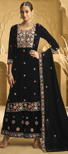 Black and Grey color Salwar Kameez in Velvet fabric with Embroidered, Sequence, Thread work