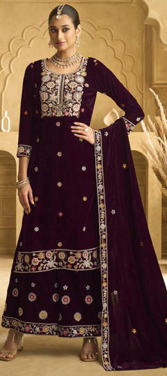 Purple and Violet color Salwar Kameez in Velvet fabric with Embroidered, Sequence, Thread work