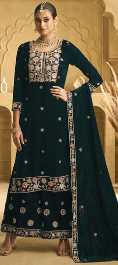 Green color Salwar Kameez in Velvet fabric with Embroidered, Sequence, Thread work