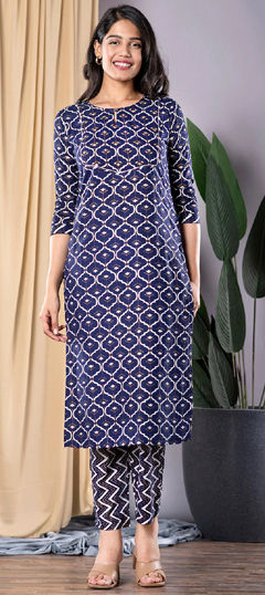 Blue color Salwar Kameez in Rayon fabric with Printed work