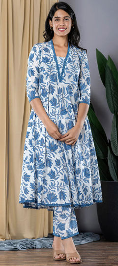Blue, White and Off White color Salwar Kameez in Cotton fabric with Floral, Printed work