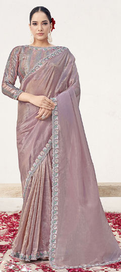 Purple and Violet color Saree in Crushed Silk fabric with Embroidered, Moti, Sequence work