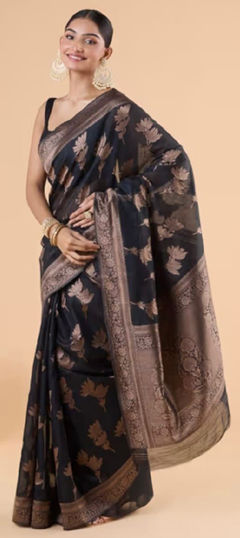 Black and Grey color Saree in Silk fabric with Weaving work
