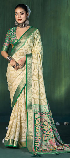 White and Off White color Saree in Silk fabric with Stone, Weaving work