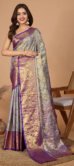 Black and Grey color Saree in Art Silk fabric with Weaving, Zari work