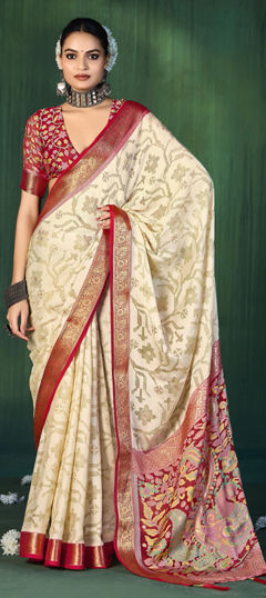 White and Off White color Saree in Silk fabric with Stone, Weaving work