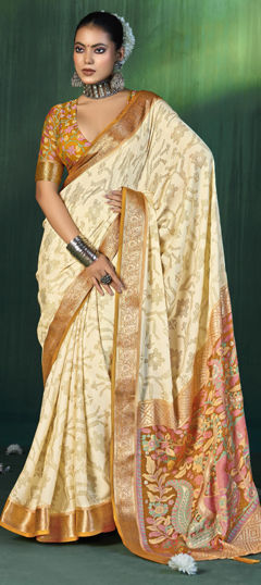 White and Off White color Saree in Silk fabric with Stone, Weaving work