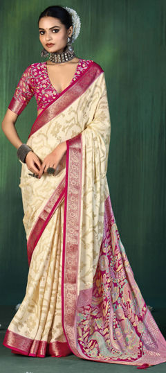 White and Off White color Saree in Silk fabric with Stone, Weaving work