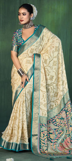 White and Off White color Saree in Silk fabric with Stone, Weaving work