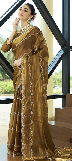 Gold color Saree in Silk fabric with Embroidered, Sequence, Thread work