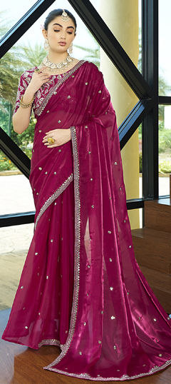Pink and Majenta color Saree in Silk fabric with Embroidered, Sequence, Thread work