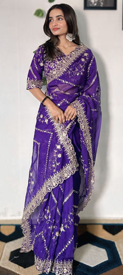 Purple and Violet color Saree in Organza Silk fabric with Embroidered, Sequence, Thread work
