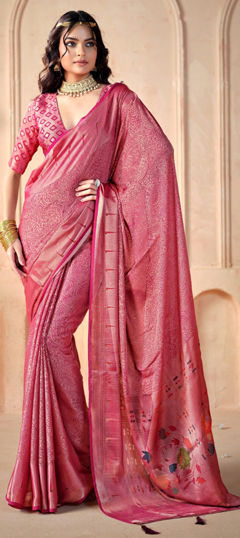 Pink and Majenta color Saree in Silk fabric with Printed, Weaving work