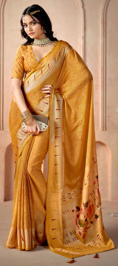 Yellow color Saree in Silk fabric with Printed, Weaving work