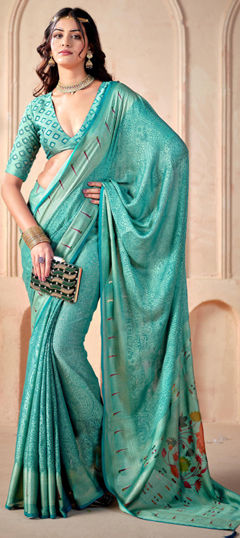 Blue color Saree in Silk fabric with Printed, Weaving work