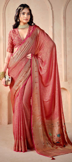 Red and Maroon color Saree in Silk fabric with Printed, Weaving work