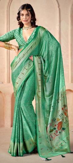 Green color Saree in Silk fabric with Printed, Weaving work