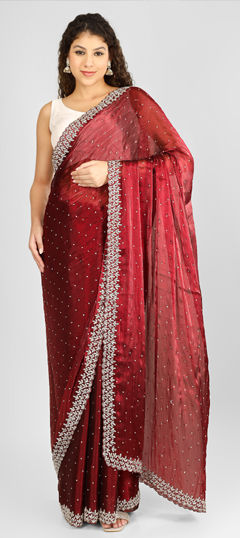 Red and Maroon color Saree in Silk fabric with Cut Dana, Zircon work