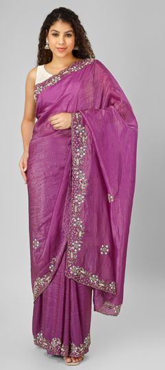 Purple and Violet color Saree in Silk fabric with Bugle Beads, Cut Dana, Zircon work