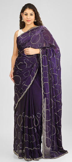 Purple and Violet color Saree in Silk fabric with Cut Dana, Sequence, Zircon work