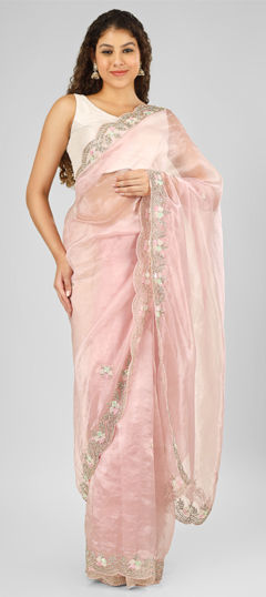 Pink and Majenta color Saree in Silk fabric with Bugle Beads, Cut Dana, Sequence, Zircon work
