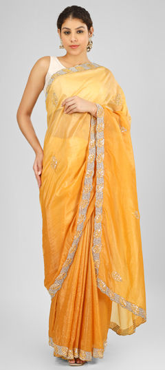 Yellow color Saree in Silk fabric with Bugle Beads, Cut Dana, Sequence, Zircon work