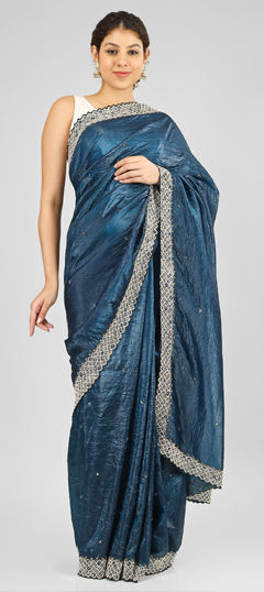 Blue color Saree in Silk fabric with Bugle Beads, Cut Dana, Zircon work