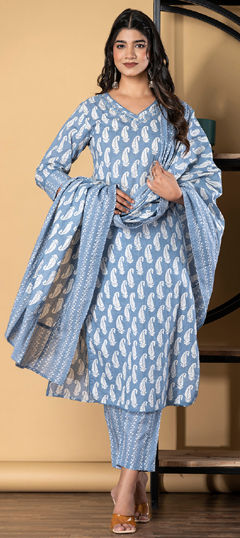 Black and Grey color Salwar Kameez in Cotton fabric with Cut Dana, Printed, Thread, Zari work