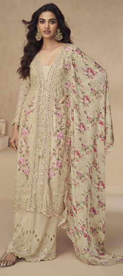 Beige and Brown color Salwar Kameez in Chinon Silk fabric with Embroidered, Resham, Sequence, Stone work