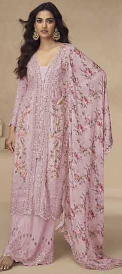 Pink and Majenta color Salwar Kameez in Chinon Silk fabric with Embroidered, Resham, Sequence, Stone work