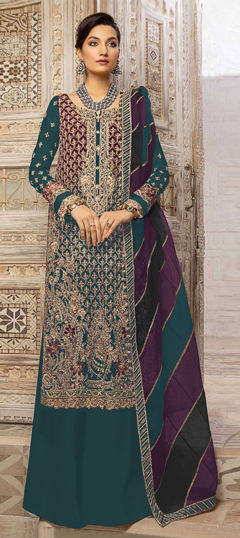 Blue color Salwar Kameez in Faux Georgette fabric with Embroidered, Sequence, Thread, Zircon work