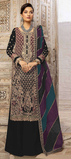 Black and Grey color Salwar Kameez in Faux Georgette fabric with Embroidered, Sequence, Thread, Zircon work