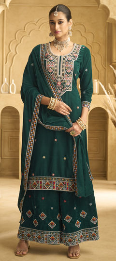 Green color Salwar Kameez in Velvet fabric with Bugle Beads, Embroidered, Sequence work