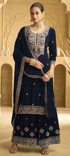 Blue color Salwar Kameez in Velvet fabric with Bugle Beads, Embroidered, Sequence work
