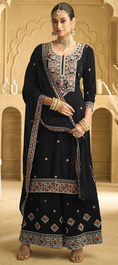Black and Grey color Salwar Kameez in Velvet fabric with Bugle Beads, Embroidered, Sequence work