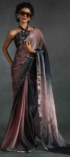 Pink and Majenta color Readymade Saree in Satin Silk fabric with Border, Zircon work