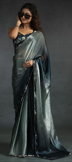 Black and Grey color Readymade Saree in Satin Silk fabric with Border, Zircon work
