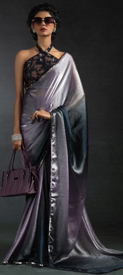 Purple and Violet color Readymade Saree in Satin Silk fabric with Border, Zircon work