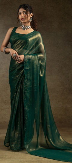 Blue color Readymade Saree in Satin Silk fabric with Thread work