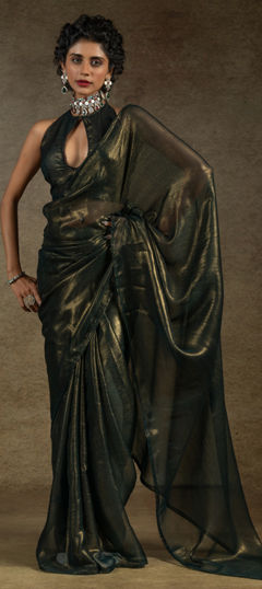 Black and Grey color Readymade Saree in Satin Silk fabric with Thread work