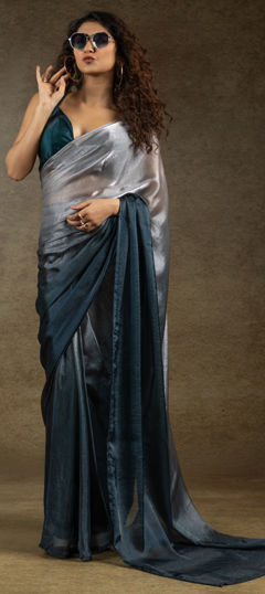 Black and Grey color Readymade Saree in Satin Silk fabric with Thread work