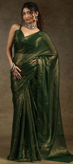 Green color Readymade Saree in Satin Silk fabric with Thread work