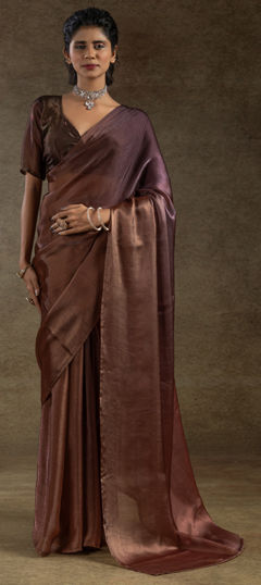 Beige and Brown color Readymade Saree in Satin Silk fabric with Thread work