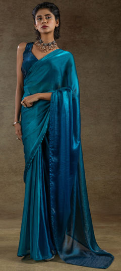 Blue color Readymade Saree in Satin Silk fabric with Thread work