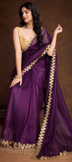 Purple and Violet color Saree in Shimmer fabric with Cut Dana, Sequence, Swarovski work
