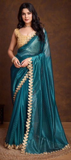 Blue color Saree in Shimmer fabric with Cut Dana, Sequence, Swarovski work
