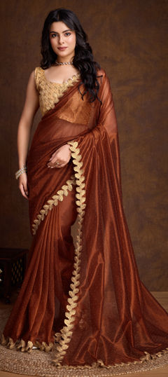 Beige and Brown color Saree in Shimmer fabric with Cut Dana, Sequence, Swarovski work