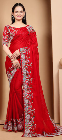 Red and Maroon color Saree in Silk fabric with Embroidered, Thread work