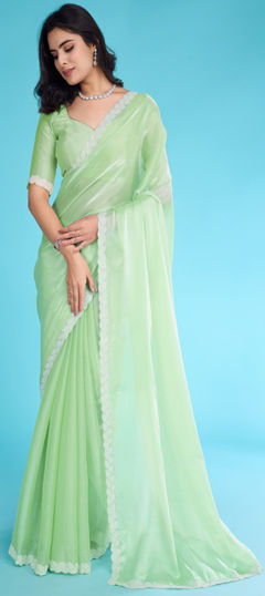 Green color Saree in Tissue fabric with Cut Dana, Moti, Stone, Zircon work